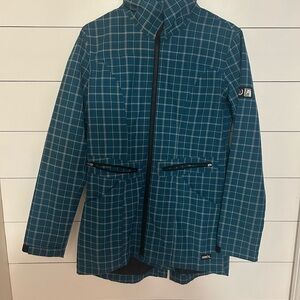 Kerrits Blue Lightweight Shirt Jacket with Plaid Pattern and Drawstring Waist